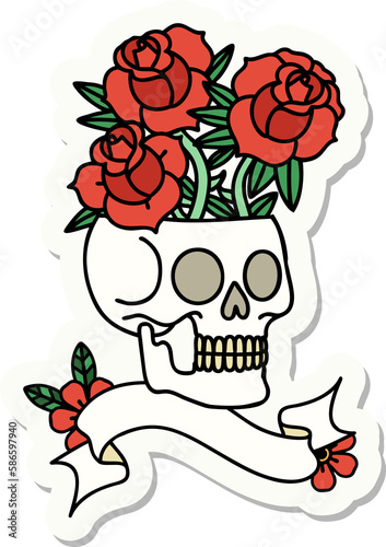 tattoo sticker with banner of a skull and roses