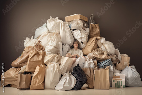 Woman sits in pile of shopping bags. Concept of shopaholism, overconsumption and buying unnecessary things. Created with Generative AI photo