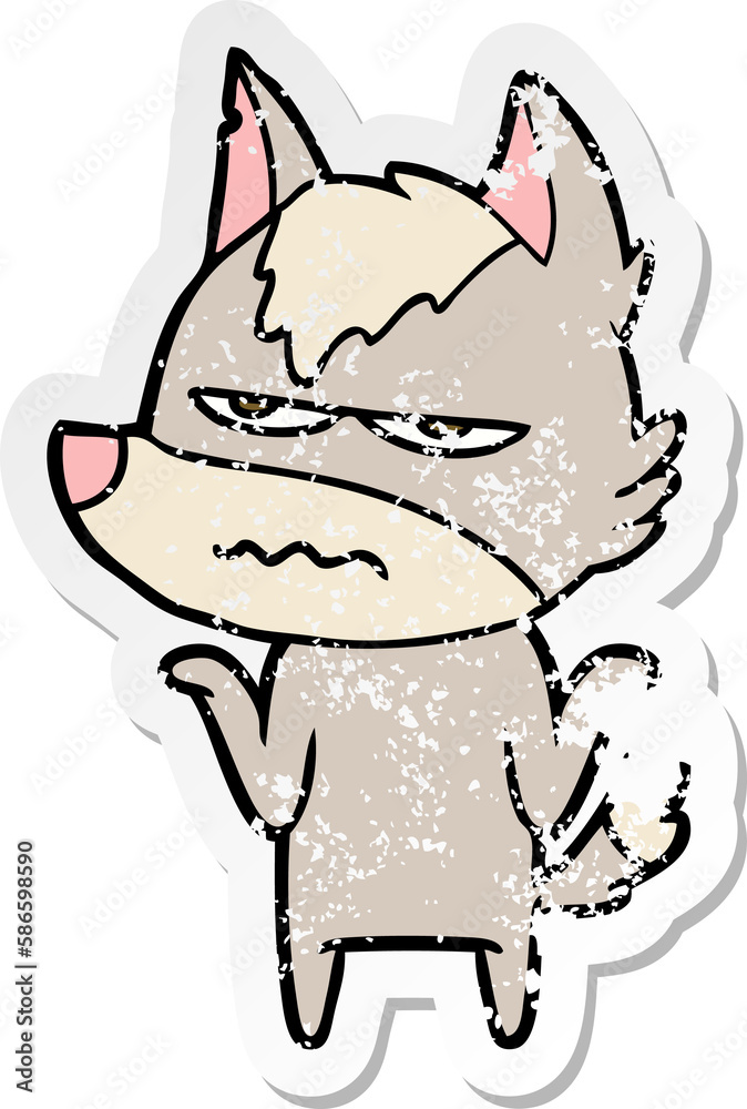 distressed sticker of a cartoon annoyed wolf distressed sticker of a cartoon annoyed wolf