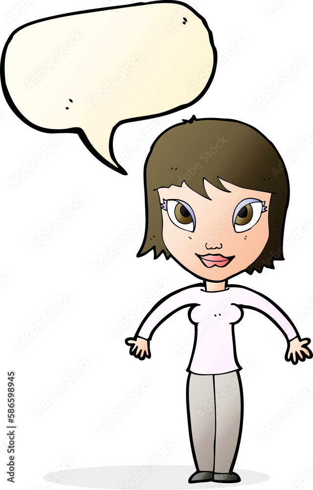 cartoon woman shrugging shoulders with speech bubble cartoon woman shrugging shoulders with speech bubble