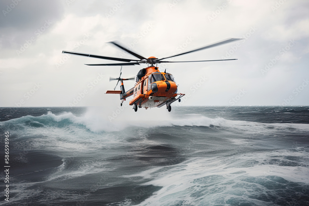 Fototapeta premium Search and rescue operation in sea. Emergency rescue helicopter flies over sea surface, looking for victims after crash. Created with Generative AI