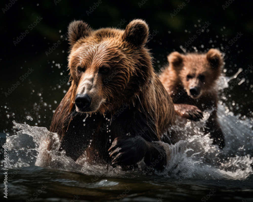 Majestic wild animals in the wilderness. Brown bears fishing in the river. Dark backdrop. Generative AI. Majestic wild animals in the wilderness. Brown bears fishing in the river. Dark backdrop. Generative AI.