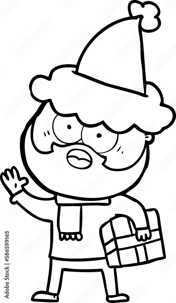 Obraz premium line drawing of a bearded man with present wearing santa hat