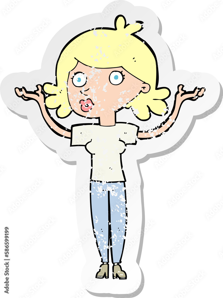 retro distressed sticker of a cartoon woman throwing arms in air retro distressed sticker of a cartoon woman throwing arms in air