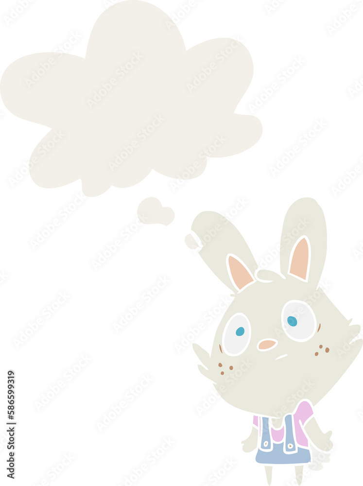 cartoon rabbit shrugging shoulders and thought bubble in retro style