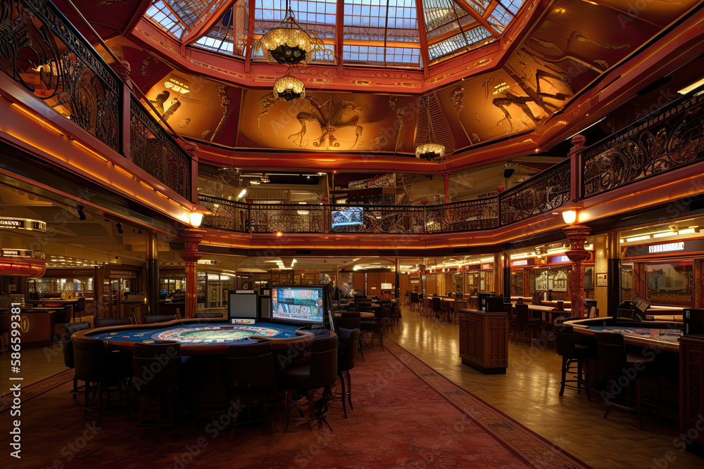 Luxury casino interior with playing tables. Gambling addiction. Created with Generative AI