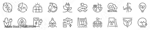 Green energy and ecology concepts. Thin line icon set. Symbol collection in transparent background. Editable vector stroke. 512x512 Pixel Perfect.