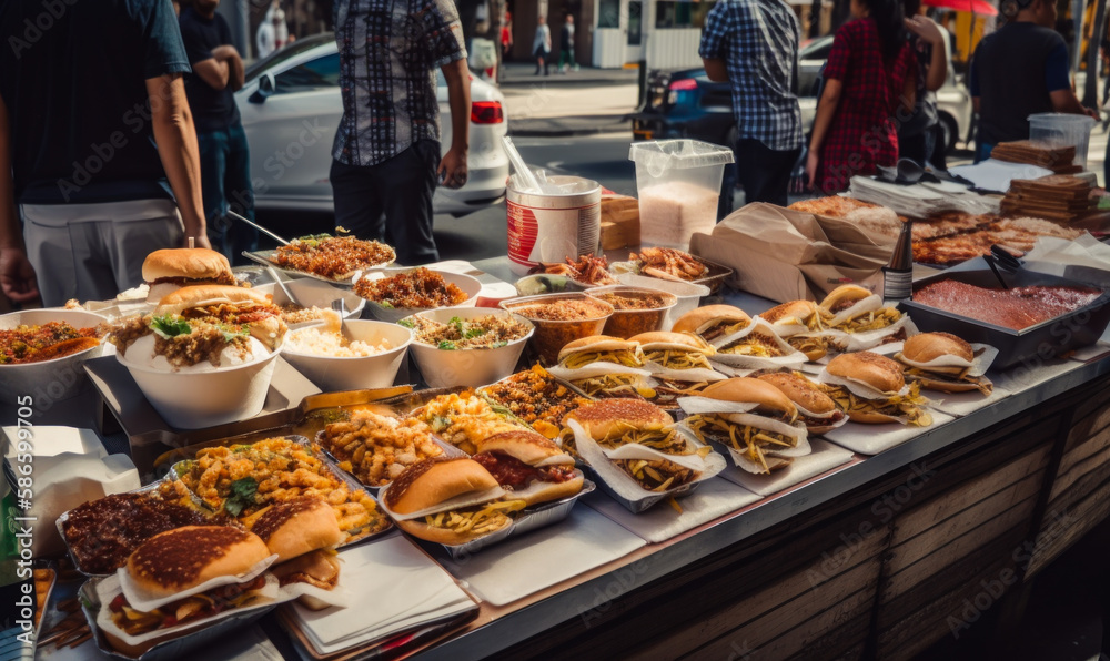 A stall full of diverse fast food dishes. People and cars at backdrop. Generative AI. A stall full of diverse fast food dishes. People and cars at backdrop. Generative AI.