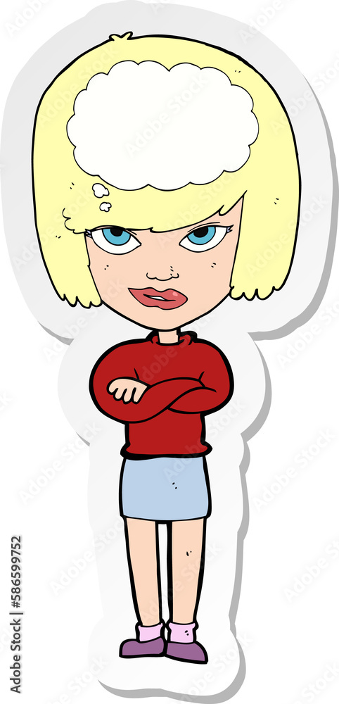 sticker of a cartoon woman with folded arms imagining sticker of a cartoon woman with folded arms imagining