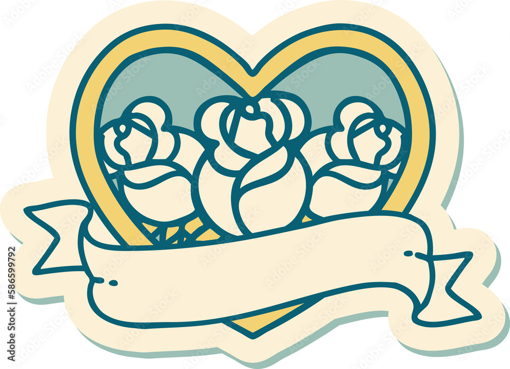 tattoo style sticker of a heart and banner with flowers