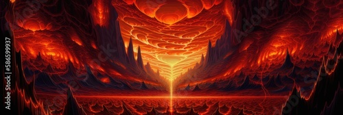 Searing hot landscape of volcanoes and ever burning brimstone hell, otherworldly fiery sun that never sets over this apocalyptic oceans of lava damned realm - generative AI