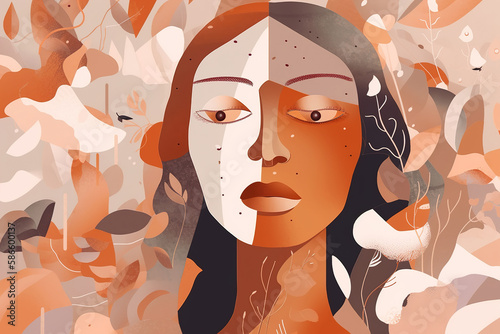 Femininity, feminism, mental female health concept. Abstract female face and plant leaves illustration in brown palette. Generative AI