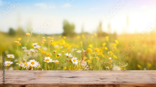 Wooden table background on sunny meadow with wildflowers blurred view. Generated AI