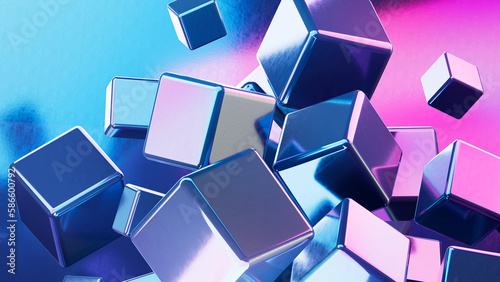 青とピンクのコントラストが美しいネオンカラーの空間と、浮かんだメタリックなキューブの3Dレンダリング背景