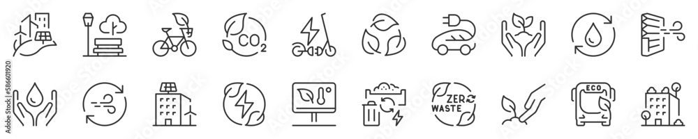 Line icons about green city. Sustainable development. Thin line icon set. Symbol collection in transparent background. Editable vector stroke. 512x512 Pixel Perfect. - obrazy, fototapety, plakaty 