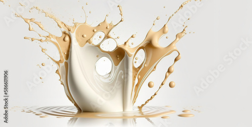 Generative AI, Flowing liquid with splashes in white color. Glossy cream milk fluid banner, 3D effect, modern macro photorealistic abstract background illustration. 