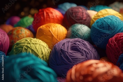 bright wool knitting yarn balls close up handmade generative ai
