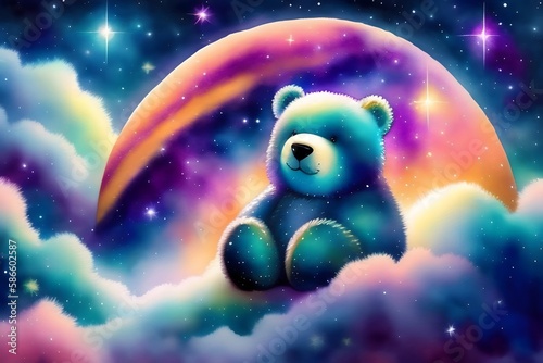  Teddy Bear Sleeping in a Colorful Galaxy Nebula. Generative AI.  © Leandro