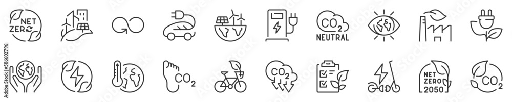 Line icons about net zero. Sustainable development. Thin line icon set. Symbol collection in transparent background. Editable vector stroke. 512x512 Pixel Perfect.