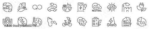 Line icons about net zero. Sustainable development. Thin line icon set. Symbol collection in transparent background. Editable vector stroke. 512x512 Pixel Perfect.