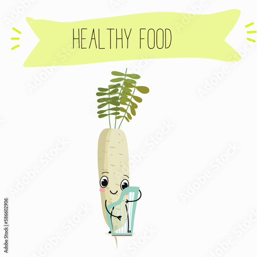 Illustration with funny characters zucchini, squash, courgette, legs, joy, marrow,
daikon. Funny and healthy food. Vitamins, cute face food, ingredients, vegetarian, vector cartoon, agriculture, raw.