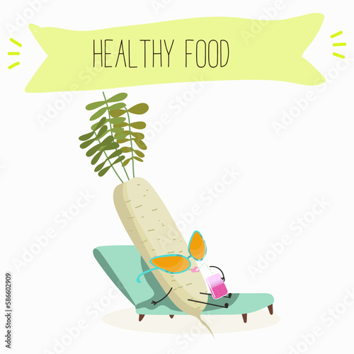 Illustration with funny characters zucchini, squash, courgette, legs, joy, marrow,
daikon. Funny and healthy food. Vitamins, cute face food, ingredients, vegetarian, vector cartoon, agriculture, raw.