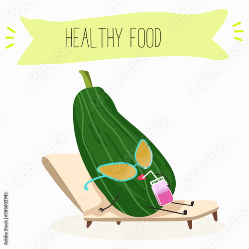 Illustration with funny characters zucchini, squash, courgette, legs, joy, marrow,
daikon. Funny and healthy food. Vitamins, cute face food, ingredients, vegetarian, vector cartoon, agriculture, raw.