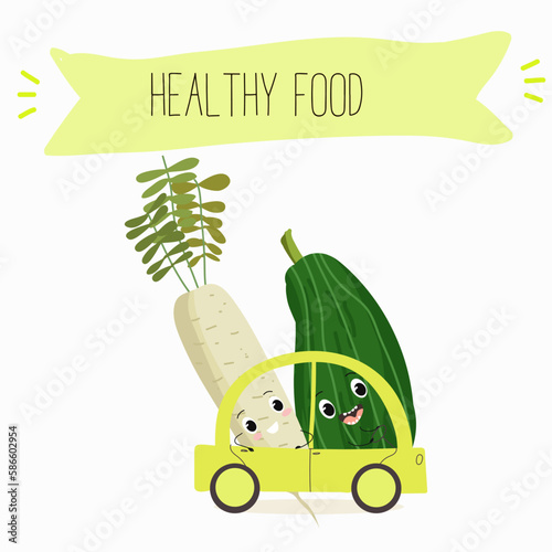 Illustration with funny characters zucchini, squash, courgette, legs, joy, marrow,
daikon. Funny and healthy food. Vitamins, cute face food, ingredients, vegetarian, vector cartoon, agriculture, raw.
