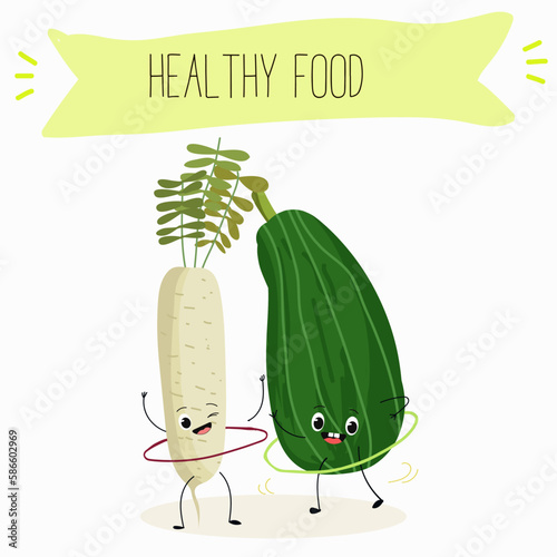 Illustration with funny characters zucchini, squash, courgette, legs, joy, marrow,
daikon. Funny and healthy food. Vitamins, cute face food, ingredients, vegetarian, vector cartoon, agriculture, raw.