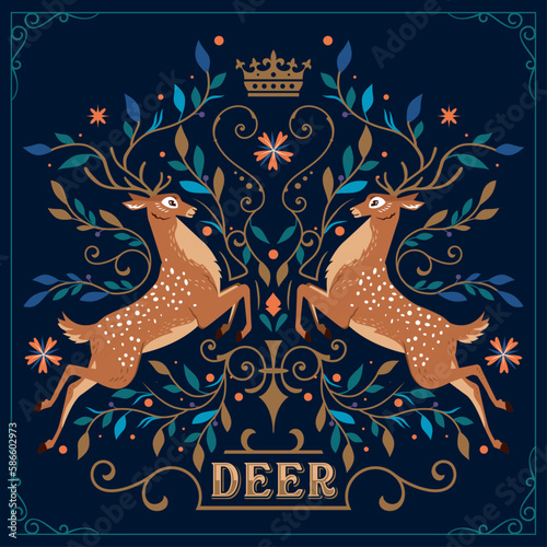 Vector deer is decorated with plants and leaves around it, beautiful ornaments and leaves unite with the deer.  photo