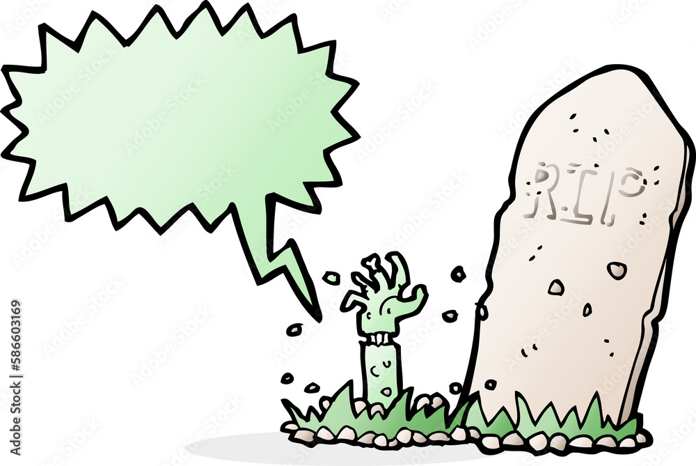 cartoon zombie rising from grave with speech bubble