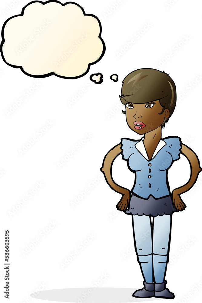 cartoon woman with hands on hips with thought bubble cartoon woman with hands on hips with thought bubble