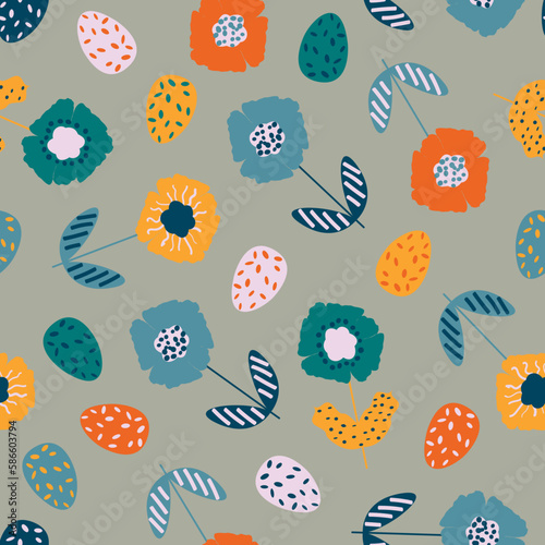 Canvas Print Seamless pattern with flowers and eggs, spring, easter theme, vector