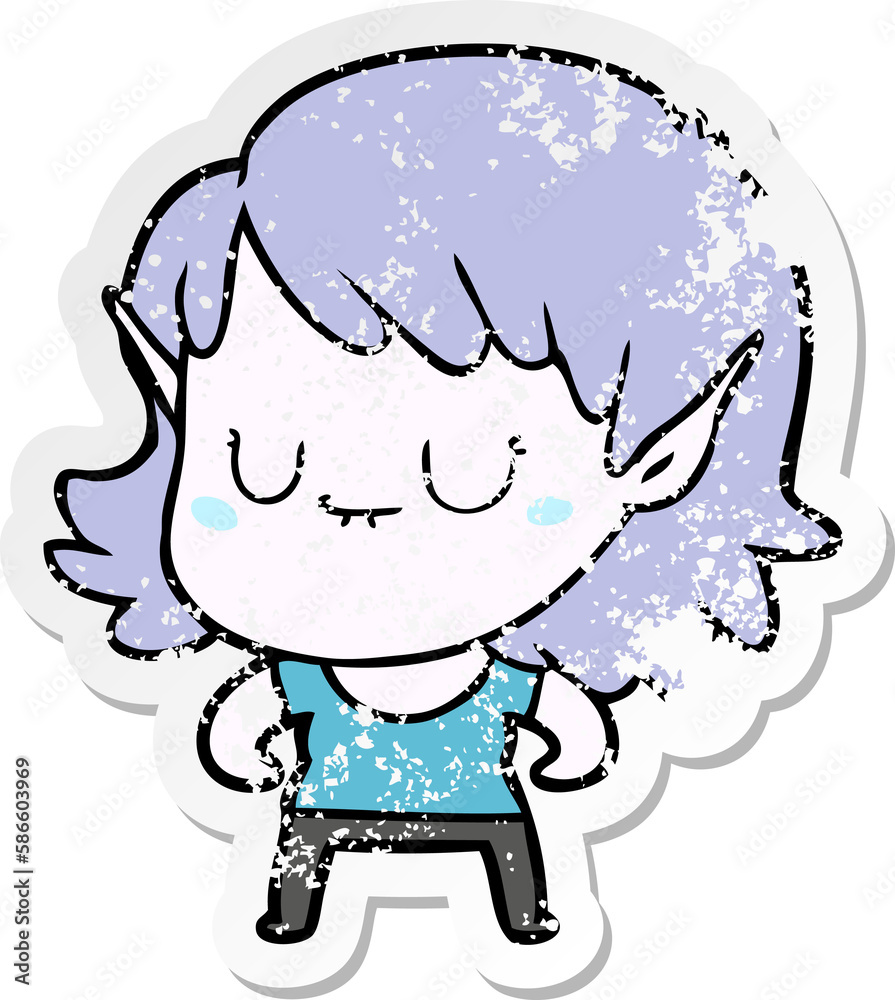 distressed sticker of a happy cartoon elf girl distressed sticker of a happy cartoon elf girl