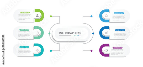 Modern infographic template. Creative circle element design with marketing icons. Business concept with 6 options, steps, sections.
