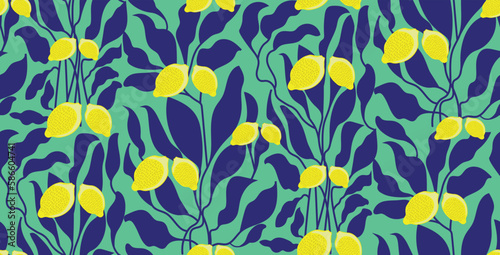 Matisse Art. Lemon with blue leaves seamless repeat pattern vector illustration. Contemporary design for fabric, accessories, decorative and backgrounds. trendy blue and yellow nature print