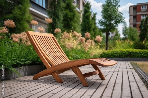 Fototapet Empty brown wooden deck chair or chaise longue on tile among decorative grass and flowers in recreation area