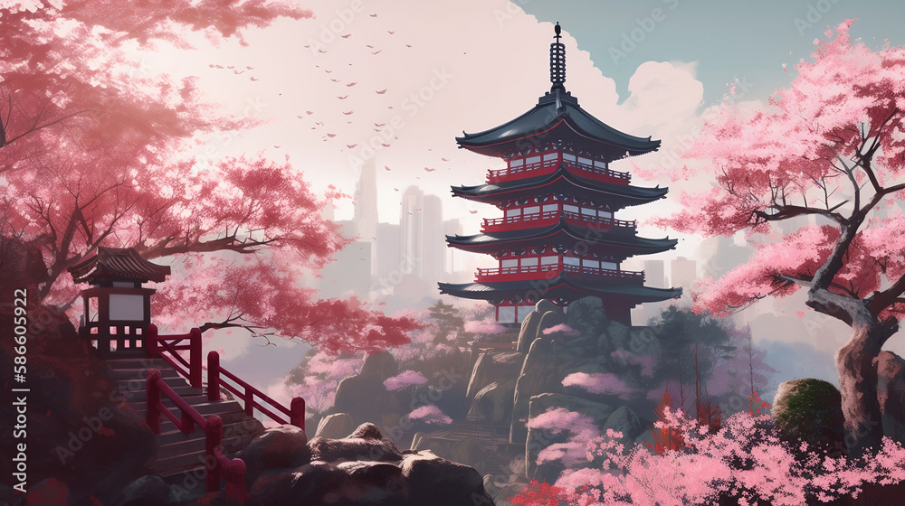 Beautiful japan temple in blossoming sakura garden, pink cherry trees