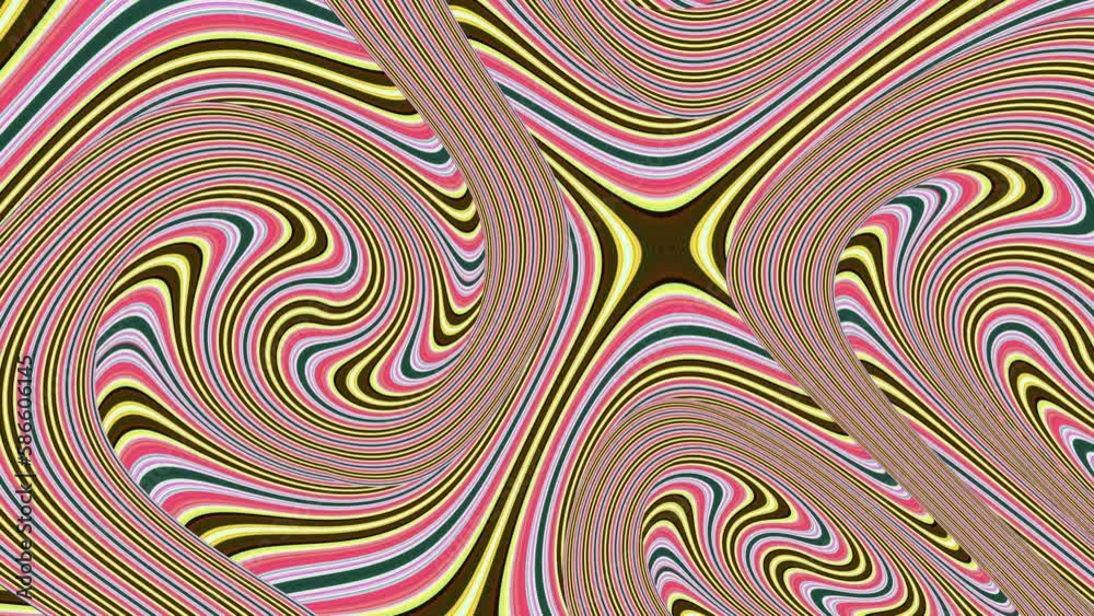 Seamless animation of rainbow kaleidoscope of lines with turbulence. Spherical panorama 360 virtual reality 3D rendering. Equirectangular environment map op art style.