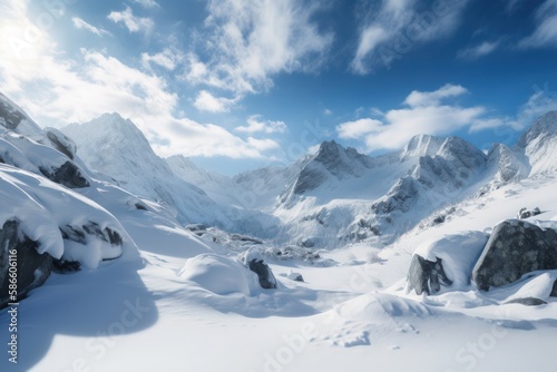 Snow-Covered Mountains and Bright Blue Sky in Panoramic Winter Landscape