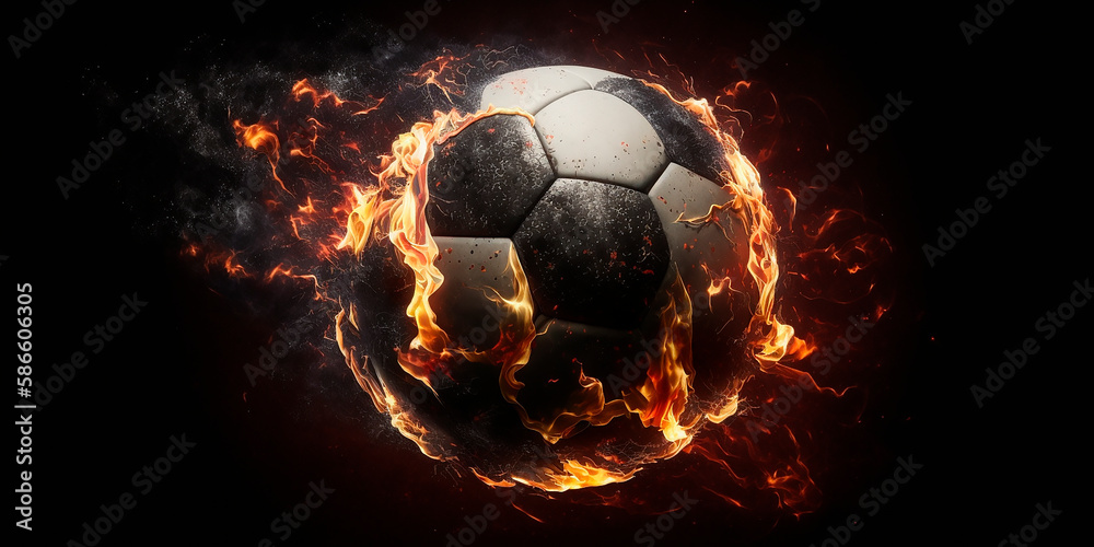 Naklejka premium A soccer ball frying in the air, with a blazing trail of fire in the background, high flight speed and smoke on a black background. Generative AI