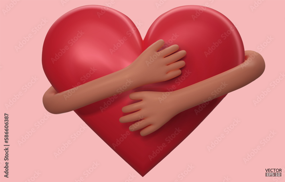 3D hands hugging a red heart with love. Cartoon Hand embracing heart isolated on pink background. love yourself. Used for posters, postcards, t-shirt prints. 3D vector illustration. 3D hands hugging a red heart with love. Cartoon Hand embracing heart isolated on pink background. love yourself. Used for posters, postcards, t-shirt prints. 3D vector illustration.