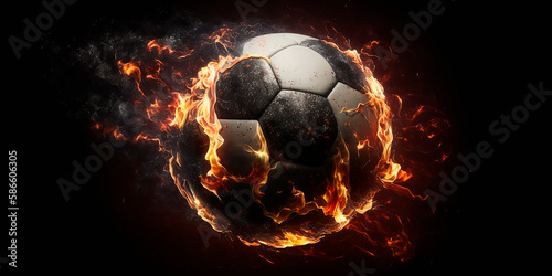 A soccer ball frying in the air  with a blazing trail of fire in the background  high flight speed and smoke on a black background. Generative AI