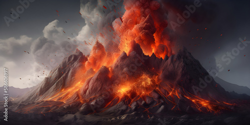 Scenic landscape with volcano eruption. Mount with lava and magma. Generative AI