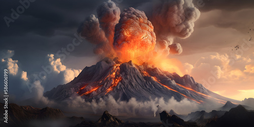 Scenic landscape with volcano eruption. Mount with lava and magma. Generative AI