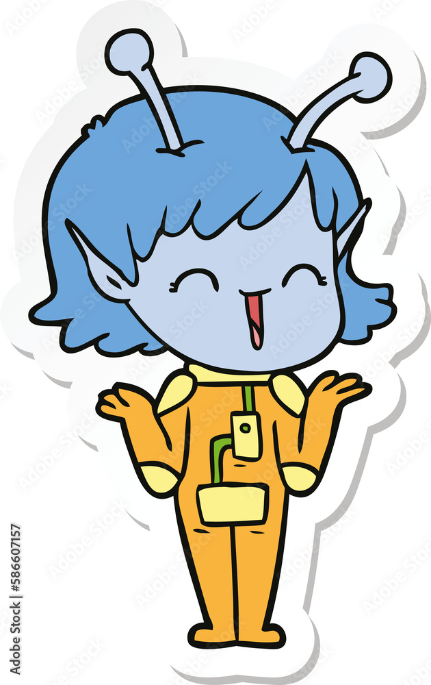 sticker of a cartoon alien girl laughing sticker of a cartoon alien girl laughing