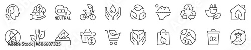 Line icons about eco lifestyle, thin line icon set. Symbol collection in transparent background. Editable vector stroke. 512x512 Pixel Perfect.