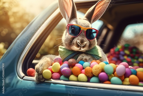 Funny Easter Rabbit in Sunglasses with Colorful Eggs in Car