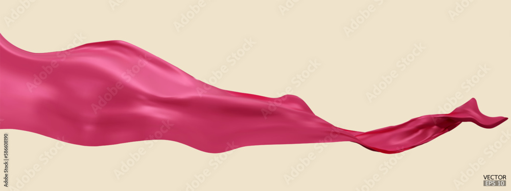 Flying pink silk textile fabric flag background. Smooth elegant pink Satin Isolated on beige Background for grand opening ceremony. Pink curtain. 3d vector illustration Flying pink silk textile fabric flag background. Smooth elegant pink Satin Isolated on beige Background for grand opening ceremony. Pink curtain. 3d vector illustration