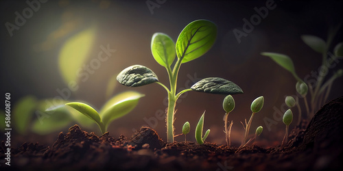 A small sprout of a green plant grows from the ground, close-up on a dark background in the rays of light. Generative AI
